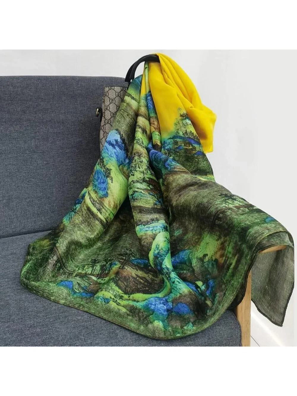 Women's Yellow Lightweight Silk Like Scarves Flower Print Head Cotton Wrap Scarf